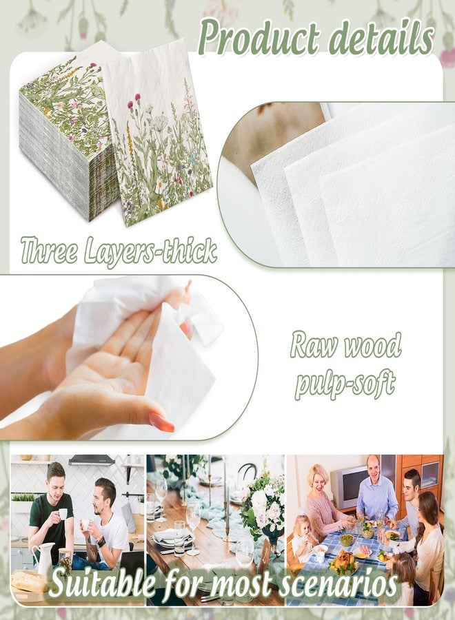 JarThenaAMCS 80Pcs Green Wildflower Cocktail Paper Napkins Vintage Wild Floral Disposable Napkins Decorative Beverage Napkin for Bathroom Wedding Baby Shower Party Table Decor Supplies - Image 3